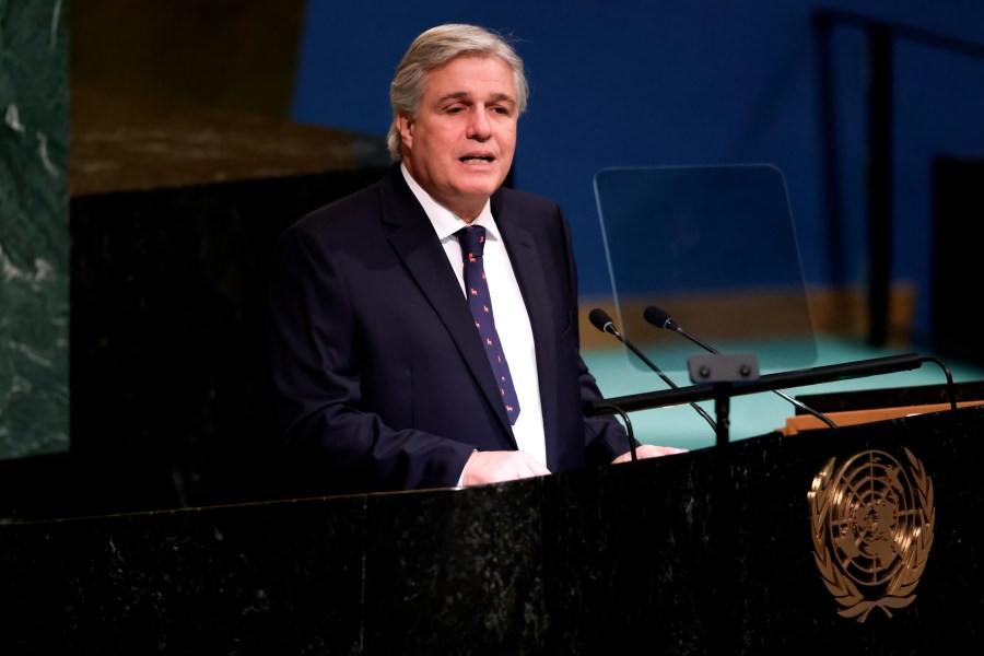 FILE - Minister for Foreign Affairs of Uruguay Francisco Bustillo addresses the 77th session of the United Nations General Assembly, Monday, Sept. 26, 2022, at the U.N. headquarters. Bustillo resigned late Wednesday, Nov. 1. 2023, shortly after audio messages were published in which he appears to ask a former official to not hand over evidence in an ongoing investigation over a passport issued to an accused drug trafficker. (AP Photo/Julia Nikhinson, File)