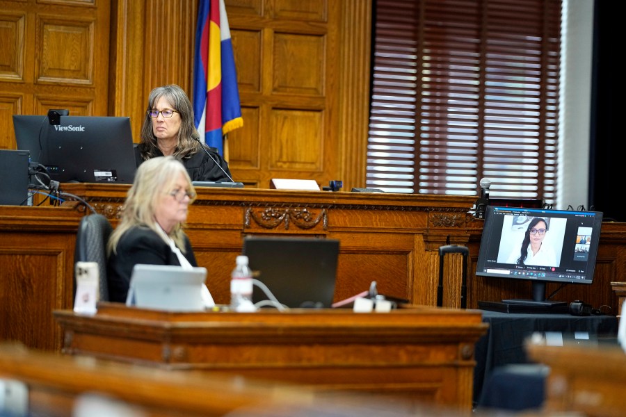 Katrina Pierson testifies remotely as Judge Sarah B. Wallace presides during a hearing for a lawsuit to keep former President Donald Trump off the state ballot, Wednesday, Nov. 1, 2023, in Denver. (AP Photo/Jack Dempsey, Pool)