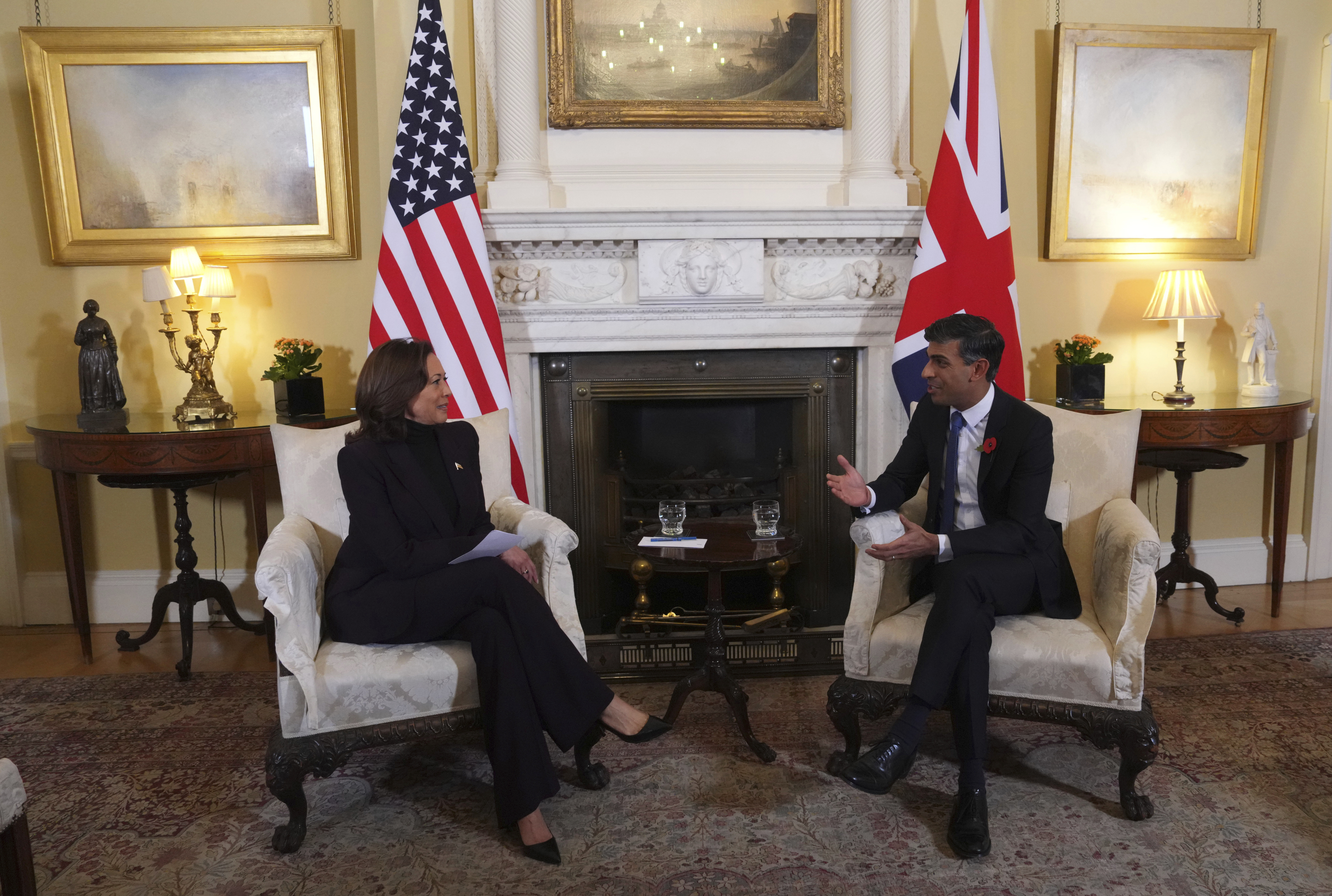 Britain's Prime Minister Rishi Sunak, right, meets with US Vice President Kamala Harris at 10 Downing Street in London, Wednesday Nov. 1, 2023. (Carl Court/Pool Photo via AP)